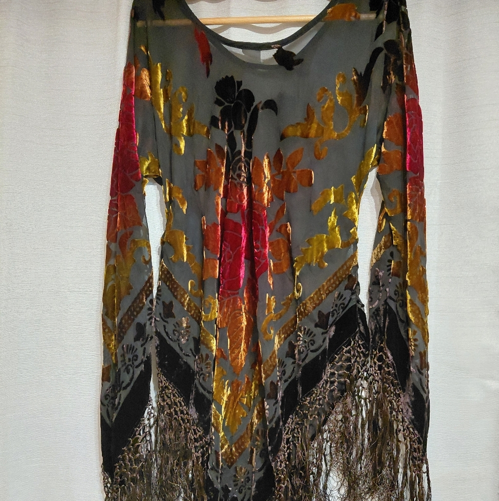 Sheer Burnout Velvet Floral Fringe Blouse - Red, Gold, Black